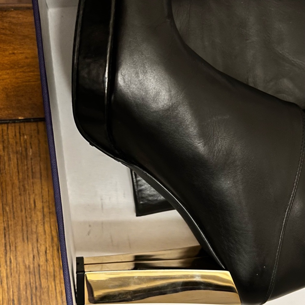 Black Leather Knee-High Boots with Gold Block Heel - Picture 6 of 8